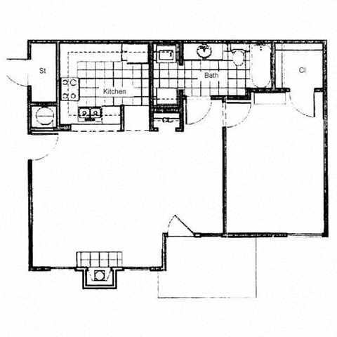 Floor plan for 1 bed, 1 bath, 789 sqft