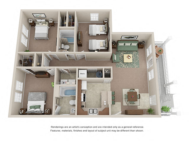 Floor plan for 3 beds, 2 baths, 1245 sqft