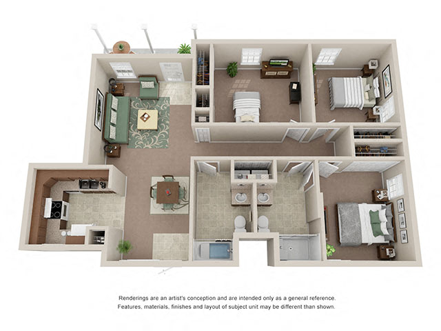 Floor plan for 3 beds, 2 baths, 1377 sqft