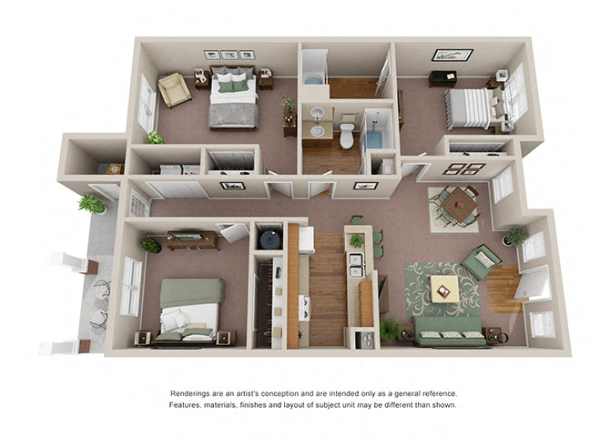 Floor plan for 3 beds, 2 baths, 1272 sqft