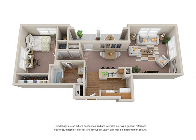 Floor plan for 1 bed, 1 bath, 741 sqft