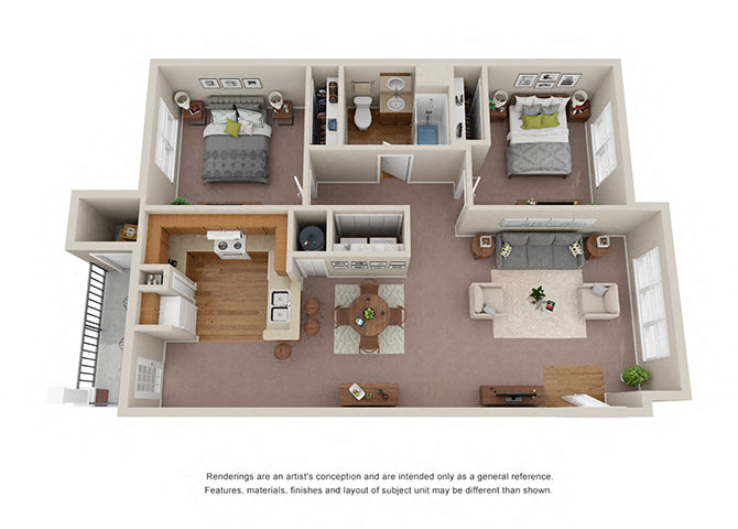 Floor plan for 2 beds, 1 bath, 991 sqft
