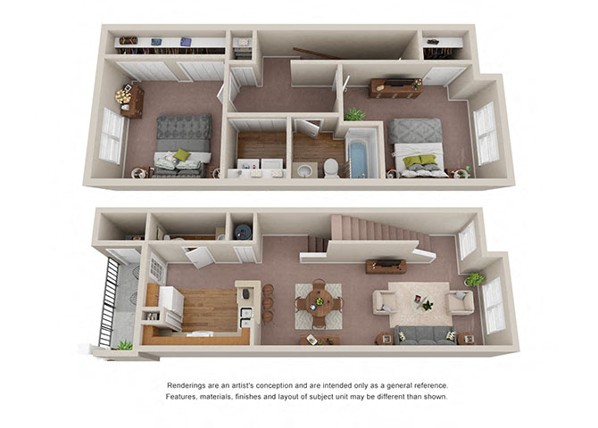 Floor plan for 2 beds, 1.5 baths, 1108 sqft