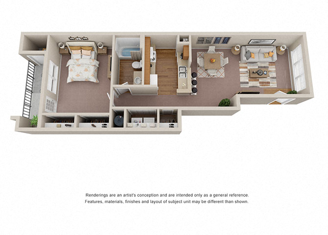 Floor plan for 1 bed, 1 bath, 766 sqft