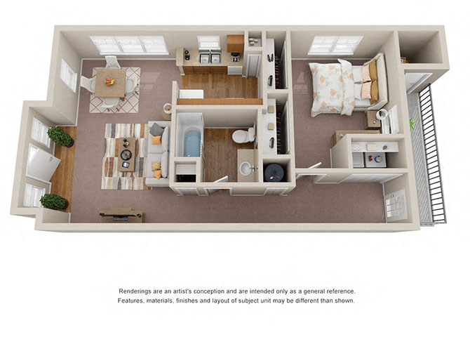 Floor plan for 1 bed, 1 bath, 769 sqft