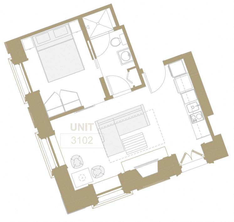 Floor plan for 1 bed, 1 bath, 552 sqft