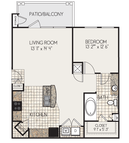 Floor plan for 1 bed, 1 bath, 784 sqft