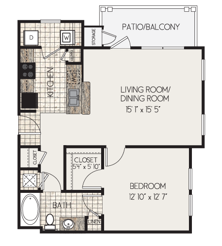 Floor plan for 1 bed, 1 bath, 798 sqft