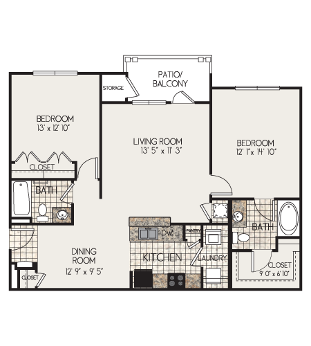Floor plan for 2 beds, 2 baths, 1174 sqft