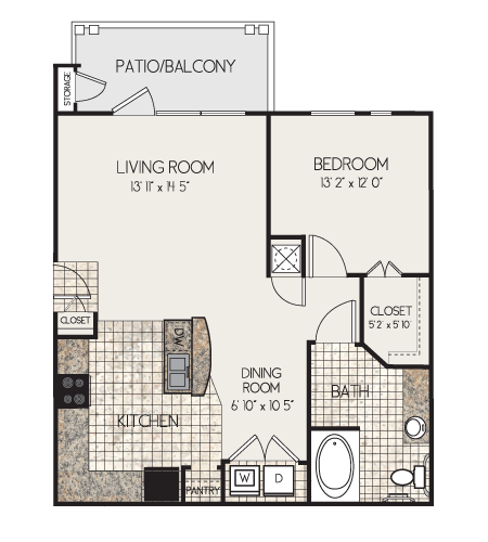 Floor plan for 1 bed, 1 bath, 784 sqft