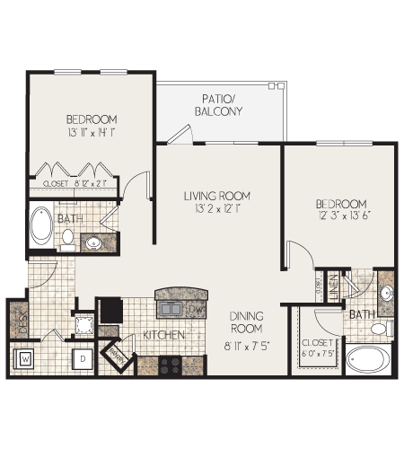 Floor plan for 2 beds, 2 baths, 1166 sqft