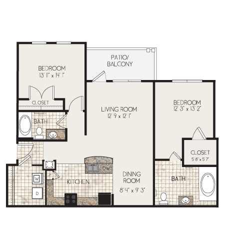 Floor plan for 2 beds, 2 baths, 1166 sqft
