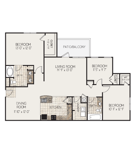 Floor plan for 3 beds, 2 baths, 1339 sqft
