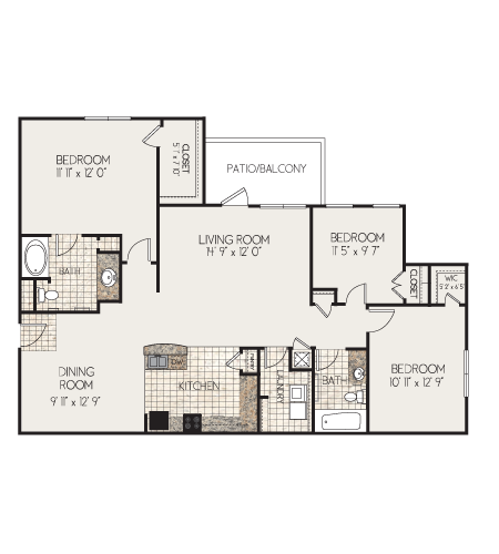 Floor plan for 3 beds, 2 baths, 1339 sqft