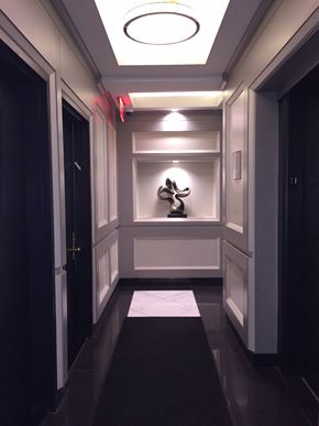 New York apartment for rent - a hallway with a black rug and a sculpture in the wall
