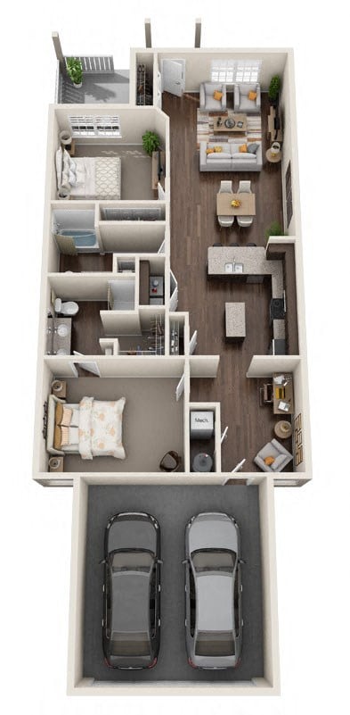 Floor plan for 2 beds, 2 baths, 1343 sqft