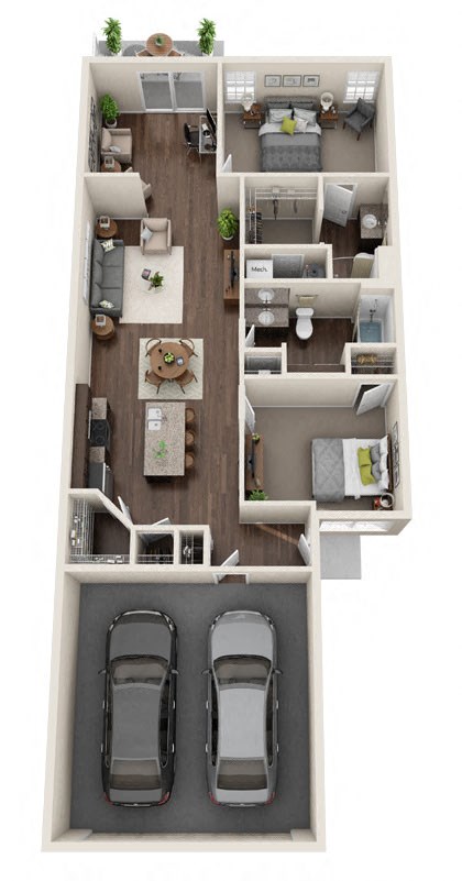Floor plan for 2 beds, 2 baths, 1294 sqft
