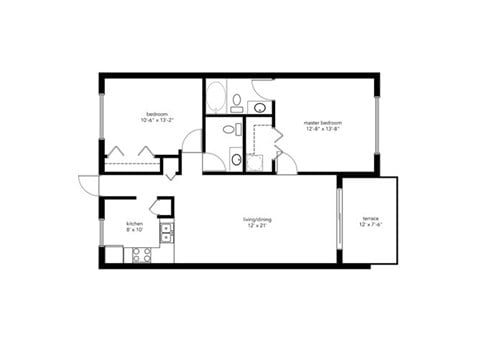 Floor plan for 2 beds, 2 baths, 950 sqft