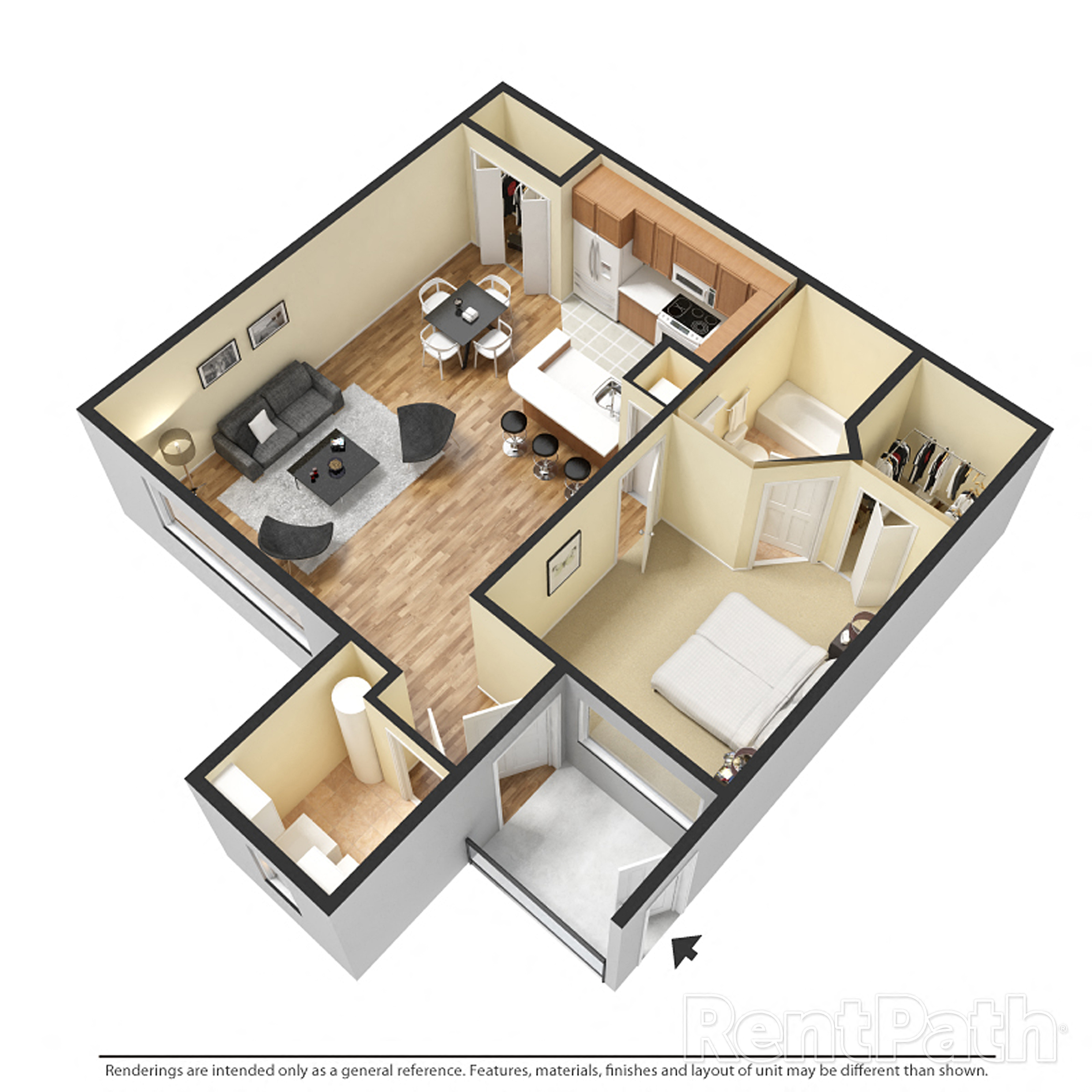 Floor plan for 1 bed, 1 bath, 721 sqft