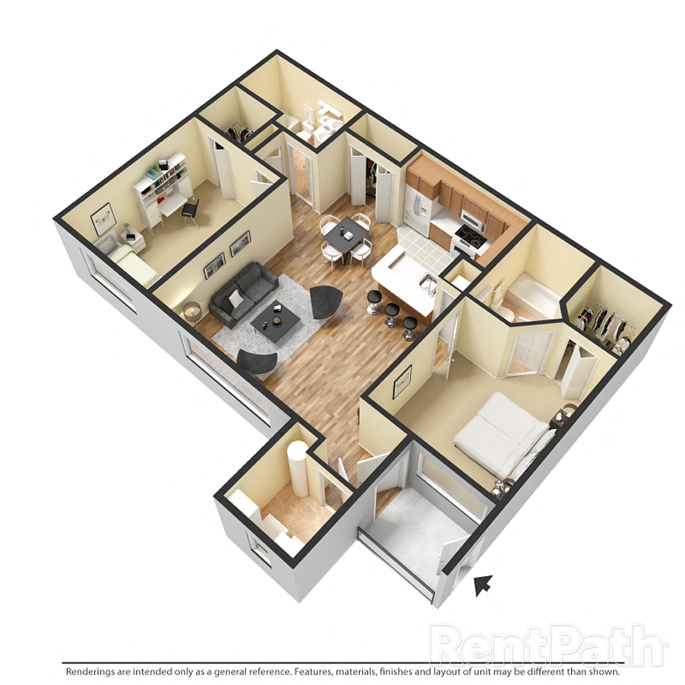 Floor plan for 2 beds, 2 baths, 985 sqft