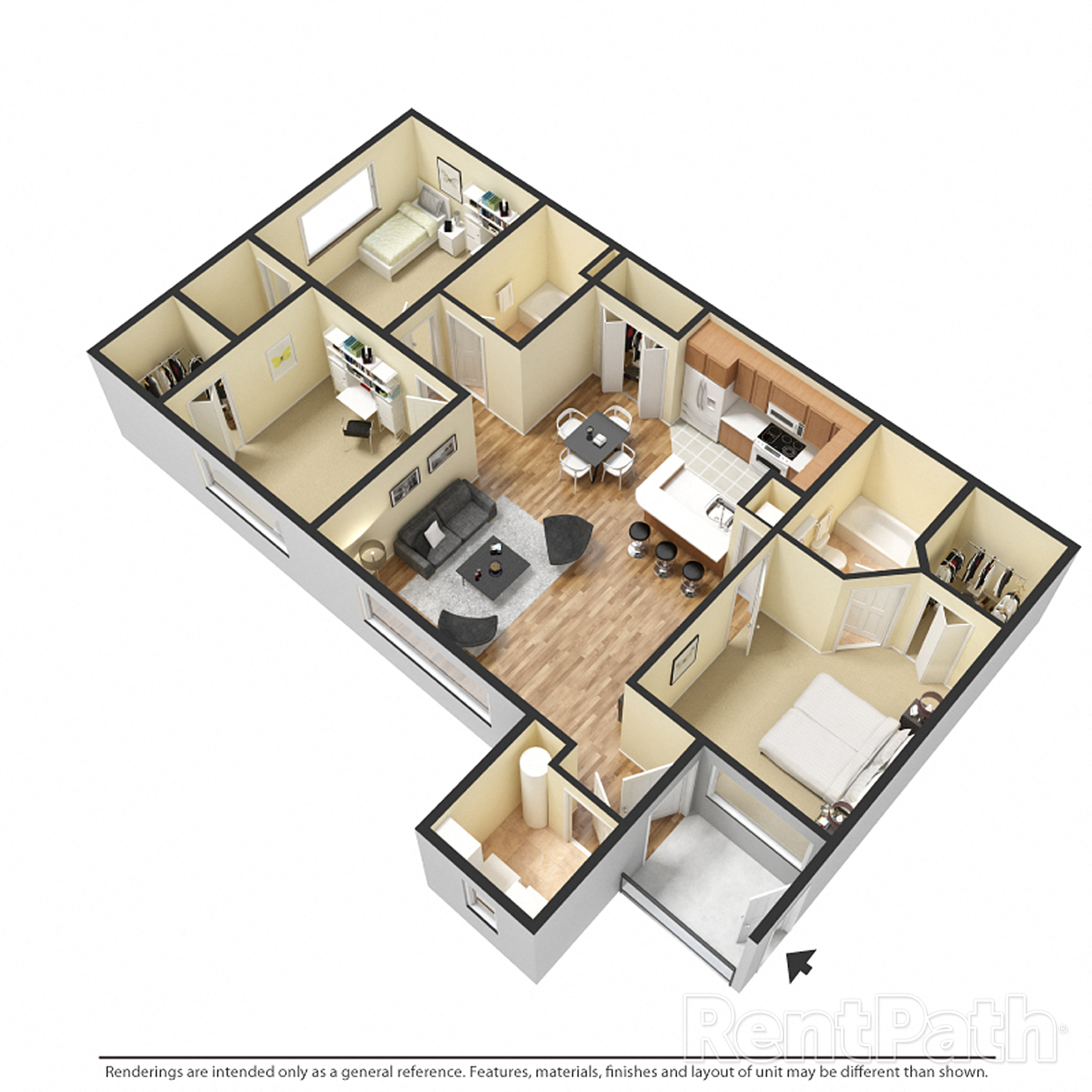 Floor plan for 3 beds, 2 baths, 1114 sqft