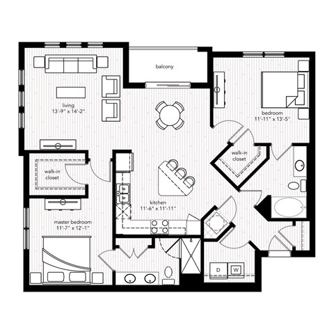 Floor plan for 2 beds, 2 baths, 1304 sqft