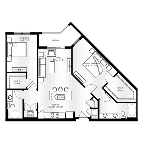 Floor plan for 2 beds, 2 baths, 1134 sqft