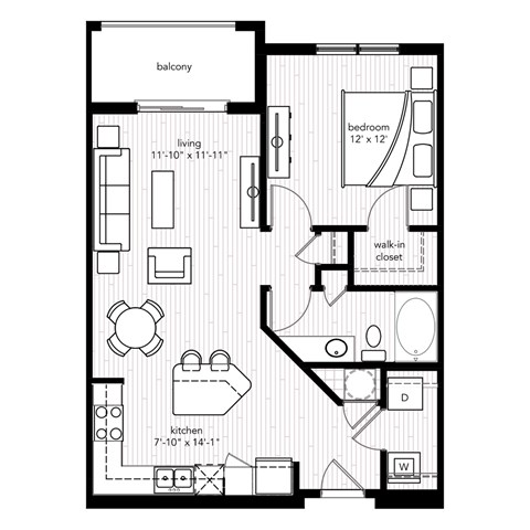 Floor plan for 1 bed, 1 bath, 741 sqft