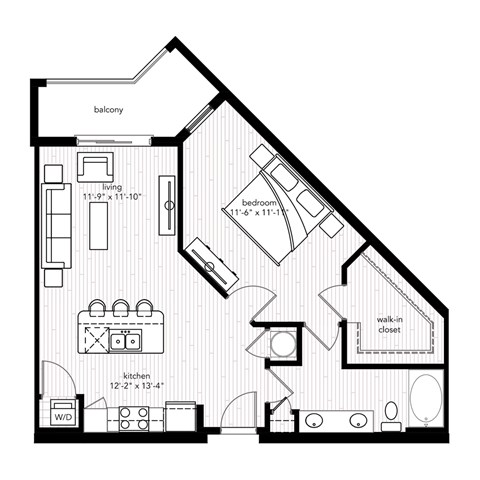 Floor plan for 1 bed, 1 bath, 803 sqft