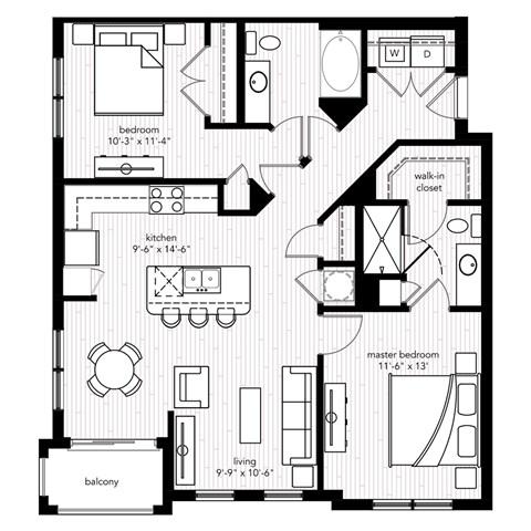Floor plan for 2 beds, 2 baths, 1087 sqft