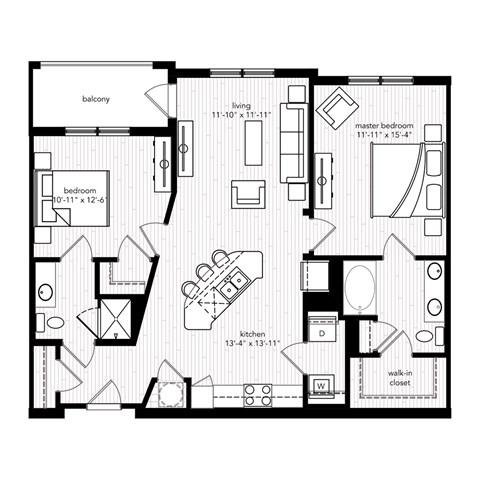 Floor plan for 2 beds, 2 baths, 1110 sqft