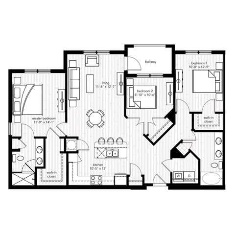 Floor plan for 3 beds, 2 baths, 1356 sqft