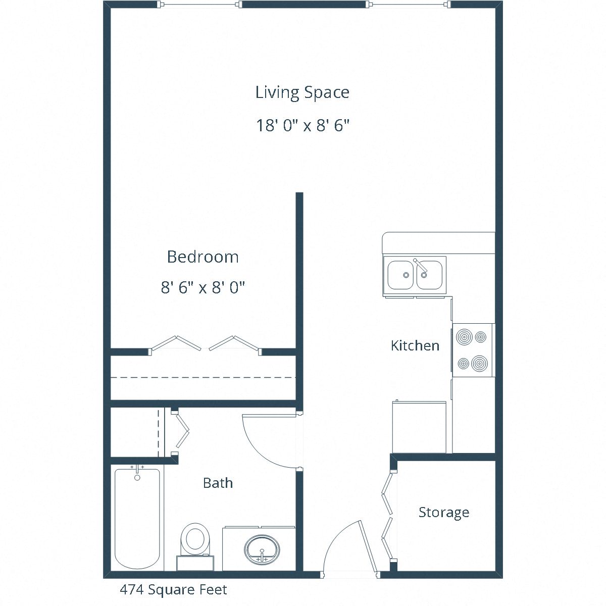 Floor plan for studio, 1 bath, 474 sqft