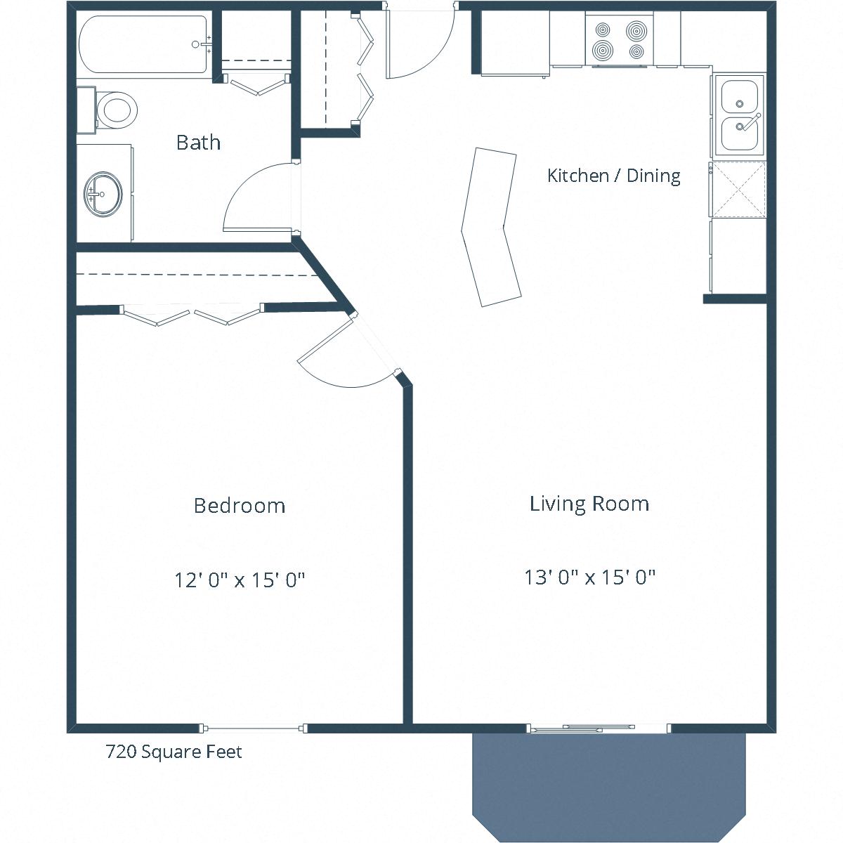 Floor plan for 1 bed, 1 bath, 720 sqft