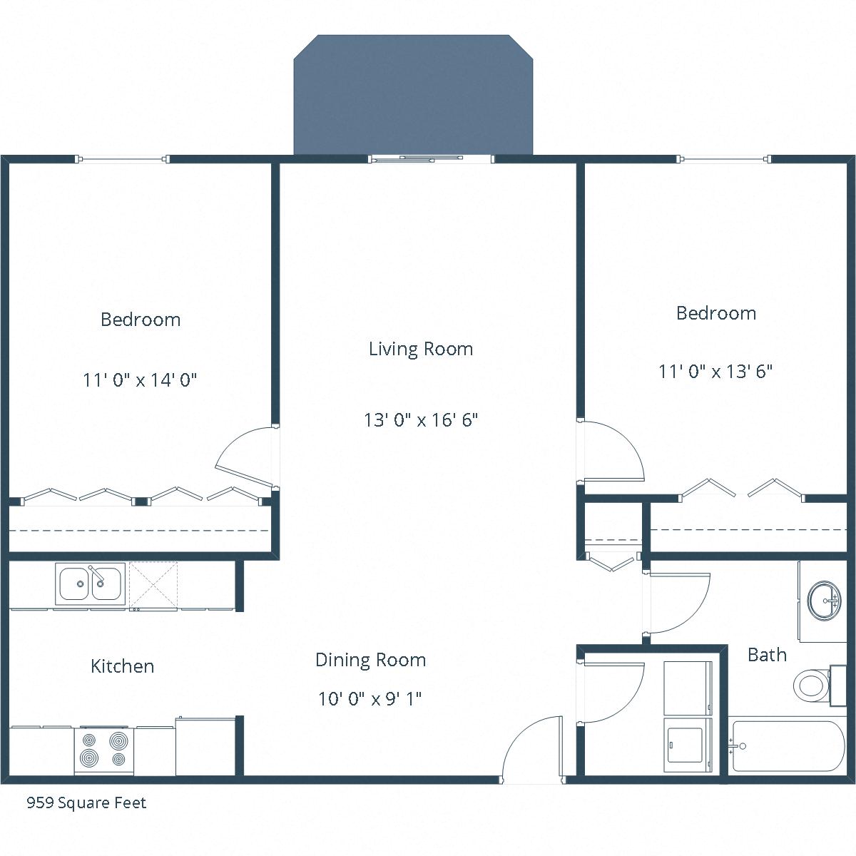 Floor plan for 2 beds, 1 bath, 934 sqft