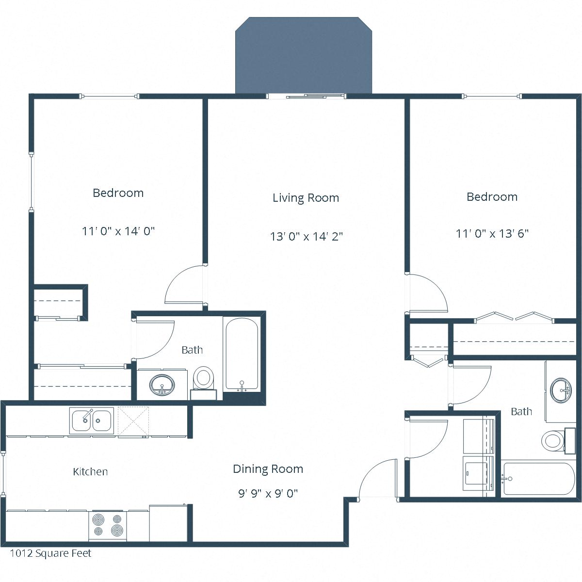 Floor plan for 2 beds, 2 baths, 1012 sqft