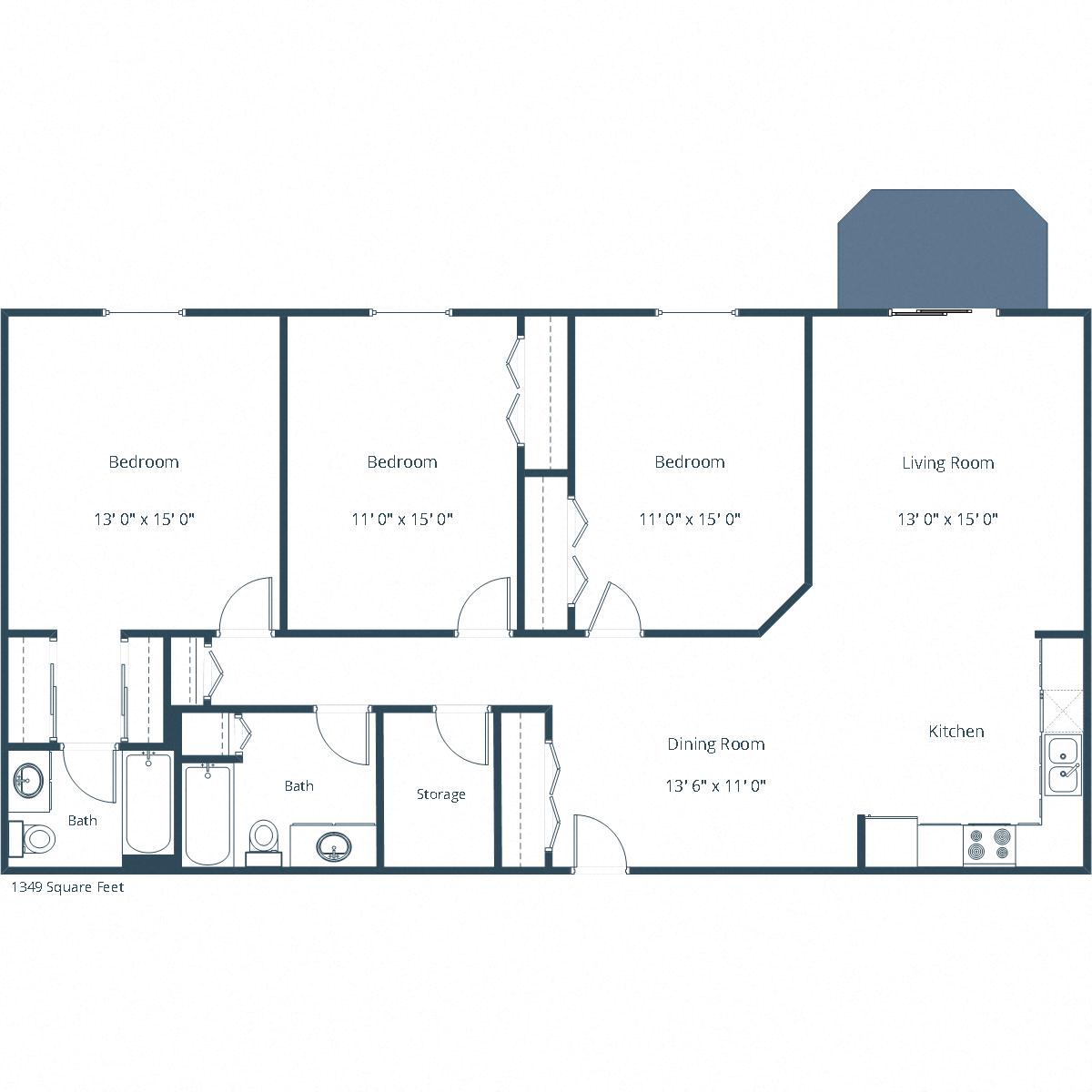 Floor plan for 3 beds, 2 baths, 1349 sqft