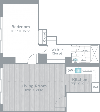 Floor plan for 1 bed, 1 bath, 710 sqft