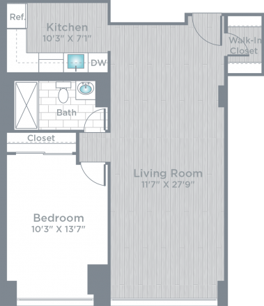 Floor plan for 1 bed, 1 bath, 710 sqft