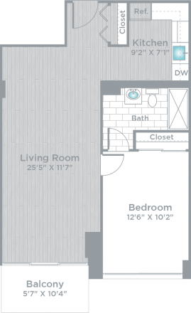 Floor plan for 1 bed, 1 bath, 670 sqft