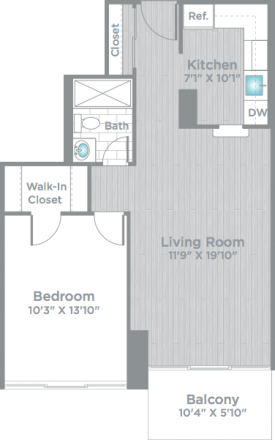 Floor plan for 1 bed, 1 bath, 670 sqft