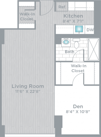 Floor plan for 1 bed, 1 bath, 610 sqft