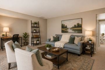 Glen Burnie apartment for rent - A living room with a grey couch, a coffee table, and a painting on the wall.