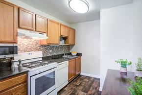 Glen Burnie apartment for rent - a kitchen with wooden cabinets and a stove top oven