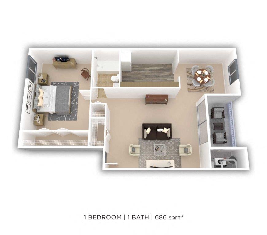 Floor plan for 1 bed, 1 bath, 686 sqft