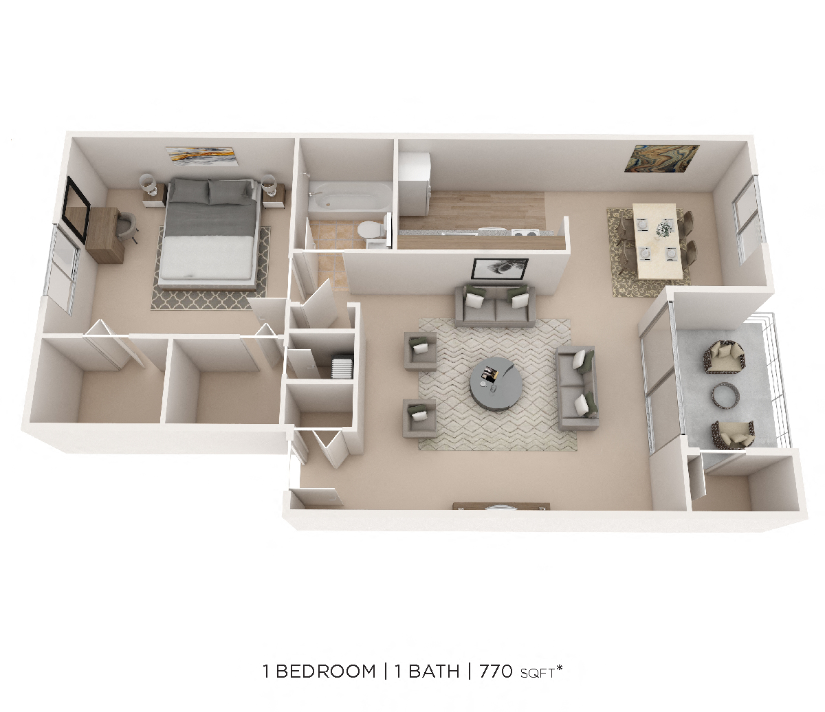 Floor plan for 1 bed, 1 bath, 924 sqft
