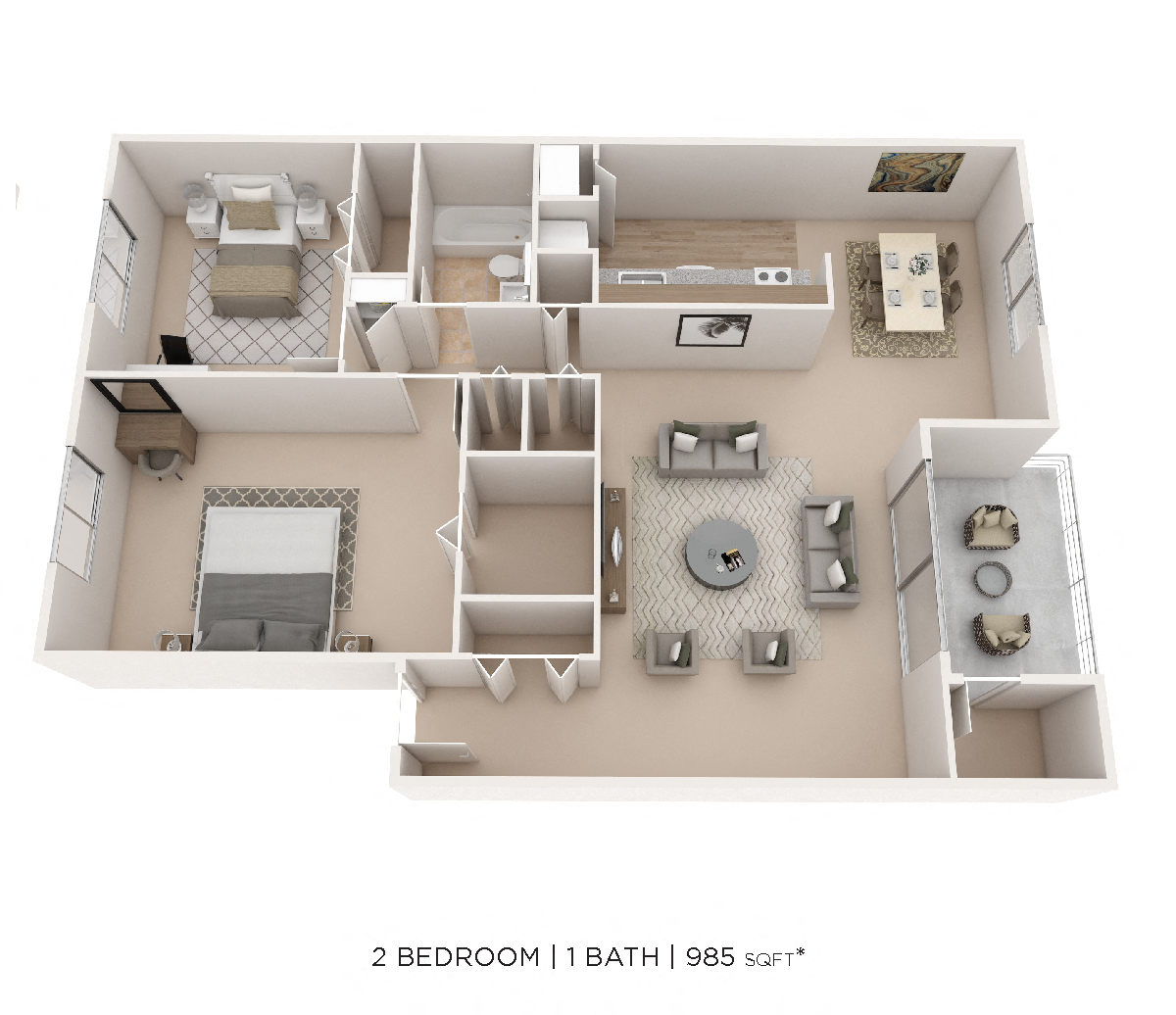 Floor plan for 2 beds, 1 bath, 985 sqft