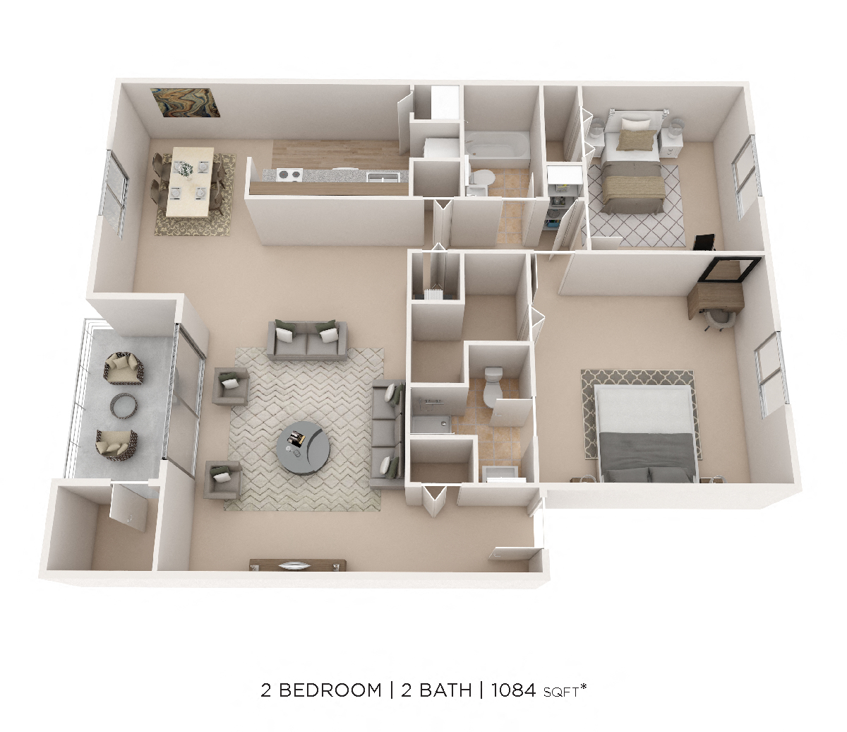 Floor plan for 2 beds, 2 baths, 1084 sqft