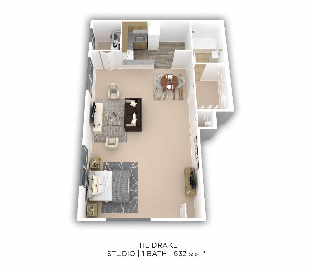 Floor plan for studio, 1 bath, 632 sqft