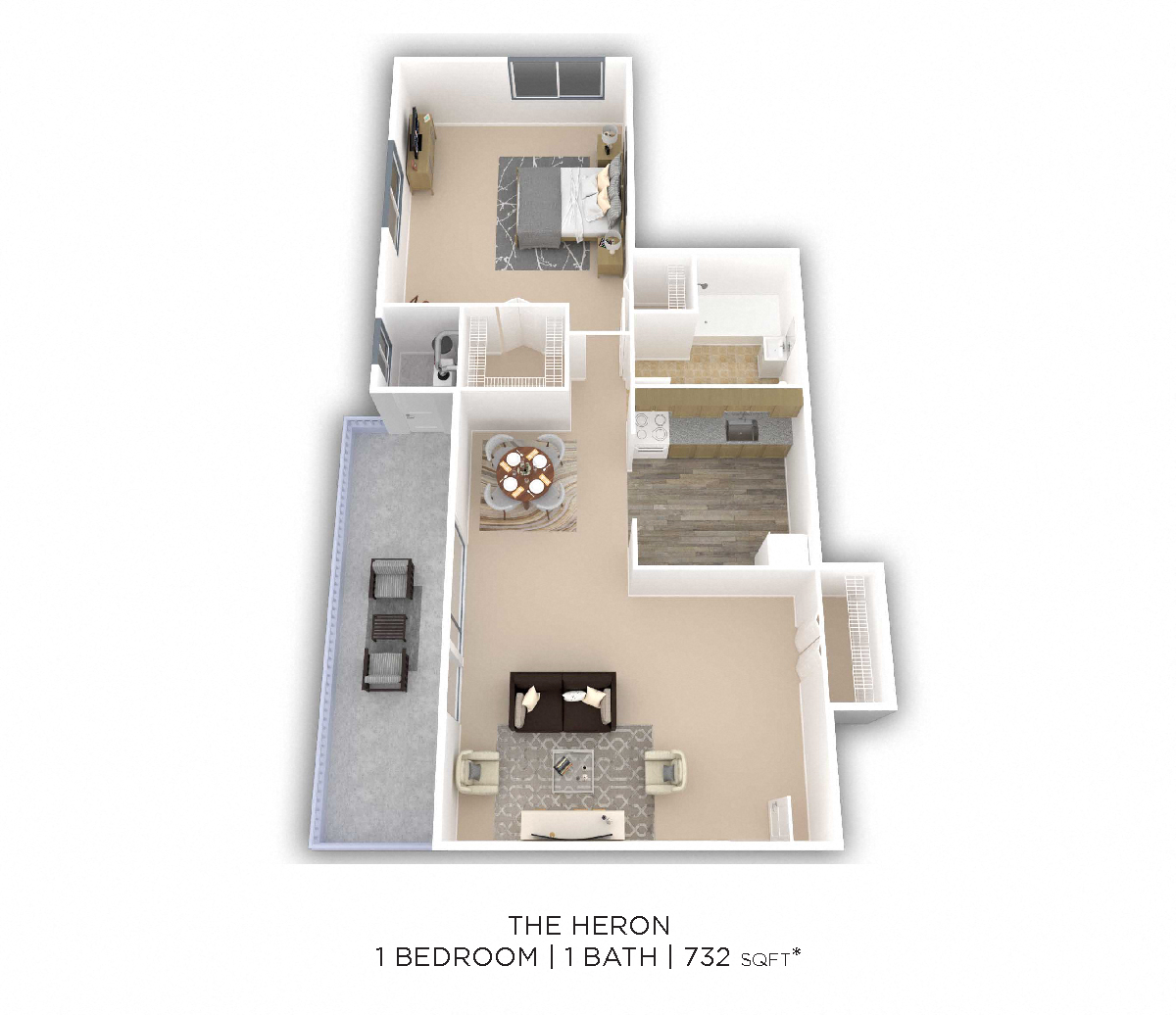 Floor plan for 1 bed, 1 bath, 732 sqft